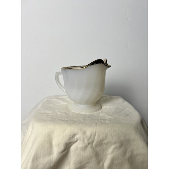 Vintage Fire King Milk Glass Pitcher With Gold Rim - Picture 2 of 9